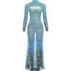Sexy See Through Dress Women Hollow Hipster Colorful Print Stretch Skinny Midnight Party Clubwear Fishtail Bodycon