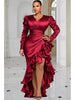 Satin Plus Size Maxi Evening Dress Deep V Puff Sleeve Ruched Waist Slit Asymmetric Ruffle Train Women Wedding Guest Dress