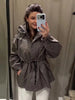 Minimalist Autumn Winter Jacket Women Coat Plaid Hooded Windbreaker Drawstring Waist Loose Mid Casual Outerwear Jacket Female