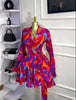 Women Tie Dye Print Flare Long Sleeve V-neck Sashes Ruffle Mini Dress Elegant Sexy Vacation Party Birthday Dresses