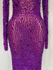 Sparkly Rhinstones Long Sleeve Elegant Party Dress Women Performance Stage Outfit Evening Birthday Prom Gown