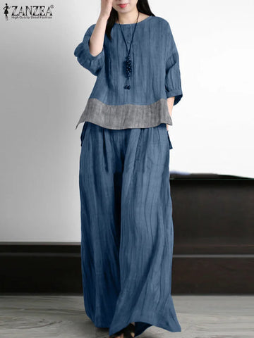 Women Vintage Wide Leg Trousers Suits Casual 3/4 Sleeve Patchwork Blouse Pants Sets 2PCS Loose Tracksuit Outifits