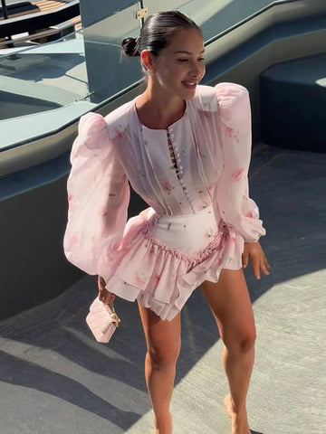 Women's Floral Print Puff Long Sleeve Dress O-neck Single Breasted Sheer Chiffon Mini Dress Lady Elegant Party Robe