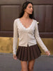 Women Elegant Solid Lace V Neck Cardigan Coat Long Sleeve Cropped Knit Sweater Tops Spring Y2K High Street Chic Coats