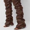 1PC Brown Faux PU Leather Pleated High Waist Stacked Pants Women Slim Hipster Street Style Long Trousers Female 2#