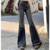 Woman High Waist Vintage Casual Flare Jeans Girls Elastic Slim Fit Bell Bottom Pants Lady Blue Black Grey Denim Trousers