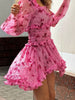 Women Elegant Floral A-line Pleated Dress Sexy Long-sleeved Waist Cinching Ruffle Mini Dresses Lady Vacation Street Gowns