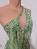 Women Sparkly Rhinestones Tassel Green One Shoulder Sexy See-Through Dress Latin Dance Outfits Bar Nightclub Party Stage Costume