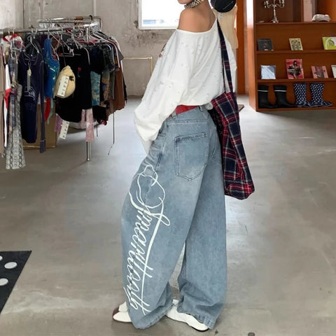 Women Blue Y2k Baggy Boyfriend Jeans Harajuku Vintage Wide Leg Denim Trousers Japanese 2000s Style Jeans Pants Oversize Clothes