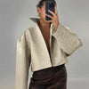 Autumn Women Croc Embossed PU Leather Jacket High Neck Zip Up Oversize Loose Cropped Coat Long Sleeve Street Lady Outerwear