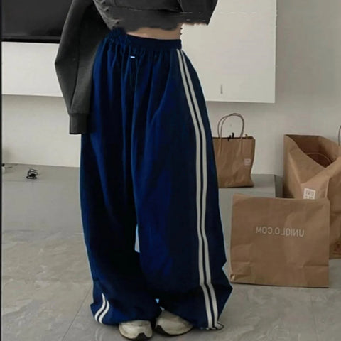 Harajuku Vintage Baggy Pants Women Striped Pocket Elastic High Waist Wide Leg Pant Casual High Street Sweatpant Trousers