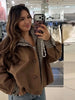 Brown Stand Collar Short Jacket Classic Plaid Contrast Cuff Oversized Casual Coat Autumn Lady Daily Street Outerwear