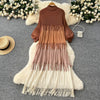 Tassel Patchwok Color Block Dress for Women Pleated Puff Sleeve Mid-calf Dresses Female Autumn