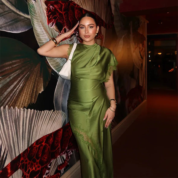 Olive Green Satin Maxi Dress Women Elegant Shawl Design Lace Trim Asymmetrical Hem Ruched Bodycon Formal Dinner Gown