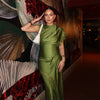 Olive Green Satin Maxi Dress Women Elegant Shawl Design Lace Trim Asymmetrical Hem Ruched Bodycon Formal Dinner Gown