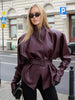 Lady Retro Burgundy Belted Leather Jacket Solid Stand Collar Long-sleeved Cropped Coat Women Daily Street Outerwear