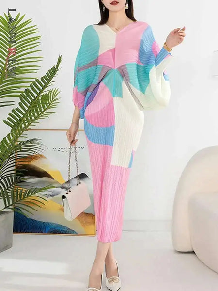 Pleated Dress For Women V-neck Batwing Sleeves Spliced Contrast Color Dresses Female Clothing 2YA2012