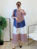 Long Pleated Dress For Women Round Neck Color Block Loose Style Printing Elegant Ladies Festival Party Clothing 2R8600