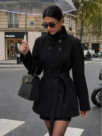 Women Black Belted Double Breasted Coat High Neck Long Sleeve Tailored Fit Elegant Jacket Winter Office Casual Outerwears