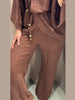 Women's Trousers Sets V-neck Crinkle Wave Texture Lace Up Tops High Waist Straight Trousers Street Office Lady Partywear