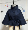 Women's Brown Belt Cropped Poncho Jacket For Women Demi-season Button Cape Cloak Coat Jackets Winter Autumn Spring Black White