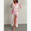 Women White Floral Print Puff Sleeve Blazer Collar Peplum Mermaid Midi Dress Elegant Casual Gown Bridesmaid Wedding Sundress
