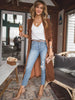 Women Solid Long Sleeve Velvet Jacket Lapel Collar Open Front Long Cardigan Coat With Pockets Fall Outerwear Maxi Duster