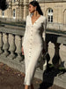 Elegant Evening Dress Women V Neck Long Sleeve Patchwork Button Slit Sweater Dresses Autumn Winter Knit Maxi Dress