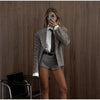 Women Checked Belt Jacket Shorts Set Retro Chic Full Sleeve Lapel Buttons Pockets Blazer Sets Lady Daily Commute Street Outfit