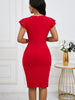 Women Deep V Neck Ruffle Vintage Sexy Cocktail Party Button Wrap Spilt Knee Length Sheath Bodycon Pencil Slim Dress