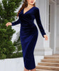 Elegant Velvet Bodycon Dress Women Sexy Wrapped V-neck Long Sleeve Ruched High Waist Midi Dress Party Cocktail Dresses Vestidos