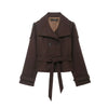Grey Lace Up Short Woolen Coat Women Chic Solid Stand Collar Double Breasted Pocket Slim Jacket Lady Commute Street Wear