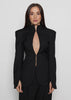 Women Sexy Black Blazer Deep V-Neck High Collar Flared Sleeve Mob Wife Party Slim Fit Suit Jacket