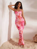 Women's Deep Draped Neck Backless Vacation Floral Print Maxi Knit Dress Elegant Party Dresses