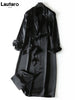 Spring Autumn Long Soft Elegant Flowy Satin Acetate Trench Coat for Women Chic British