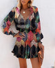 Women's Long Sleeve Mini Dress V-neck Drawstring Leopard Printed Waist Tied Dress Elegant Office Lady Dresses For Women