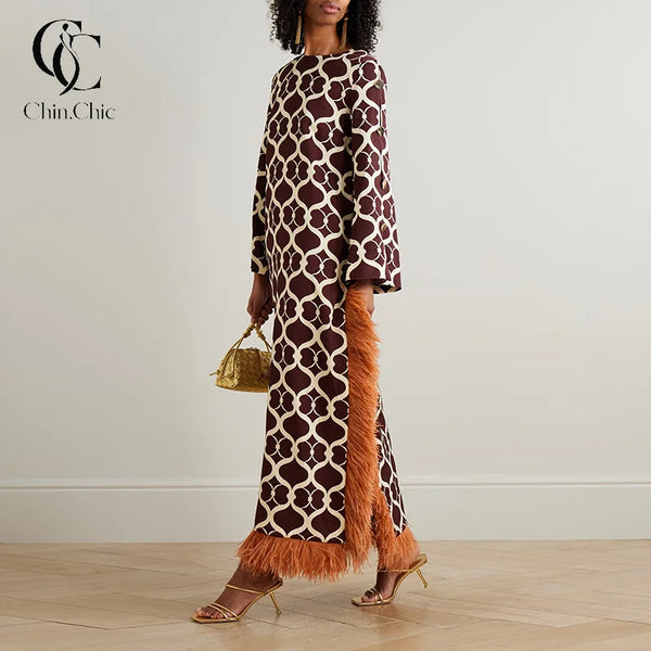Geometric Print Women Maxi Dresses Long Flare Sleeve Feather Fringe Trim Side Slit Dress Elegant Party Vintage Ladies Dress