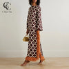 Geometric Print Women Maxi Dresses Long Flare Sleeve Feather Fringe Trim Side Slit Dress Elegant Party Vintage Ladies Dress
