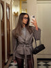 Women Checked Lapel Jacket Shorts Set Long Sleeve Buttons Belt Pocket Loose Blazer Suit Lady Office Commute Outfit