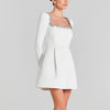 Elegant Square Neck Diamond Short Velvet Dress For Women Two Pockets Slim Office Ladies Outfits A-Line Long Sleeve Dress