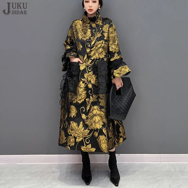 Gold Flowers Jacquard Korean Style Woman Winter Loose Fit Chic Dress Big Size Turtleneck Girls Unique Casual Robe JJXD679