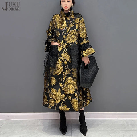 Gold Flowers Jacquard Korean Style Woman Winter Loose Fit Chic Dress Big Size Turtleneck Girls Unique Casual Robe JJXD679