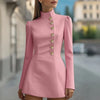 Women's Turtleneck Dress Suit Single-breasted High Waist Slim Long Sleeve Korean Style Office Pink Mini Skirt
