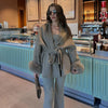 Solid Lace Up Faux Fur Sleeve Jacket Woman Elegant Mid-length V-neck Woolen Blend Coat Autumn Casual Scarf Outwear