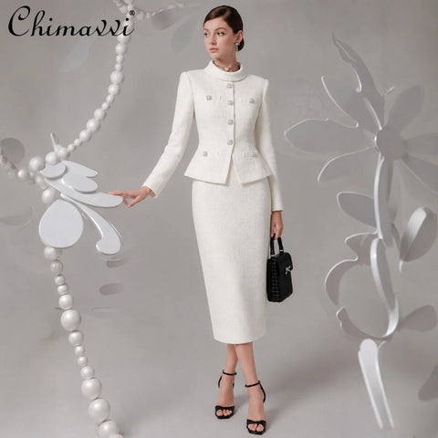 Autumn French Elegant Round Neck Long Sleeve Diamond Buckle High Waist Tweed Black Annual Party Long Dress Women