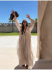 Casual Solid Ruffles Patchwork Robe Women Minimalist Full Sleeve Mesh Loose Fit Lace Up Maxi Dress Vacation Daily Date Wear