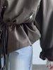 Retro Drew-string Jackets Women's Loose Full Sleeves Buttons Zipper Pockets Lapel Coats Ladies Autumn Solid Outwear