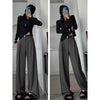 Fall Winter Elegant Gray Suits Pants for Women Office Lady High Waist Wide Leg Trousers with Pockets Black Pants