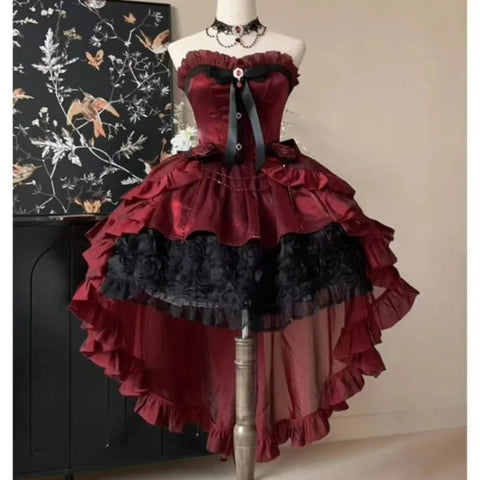 Victorian Sweet Elegant Lolita Dress Women Vintage Gothic Bow Ruffles Rose Trailing Princess Dress Y2k Cute Evening Party Dress