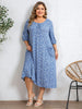 Plus Size Women's Blue White Floral Dress Tie Round Neck 3/4 Sleeve Loose